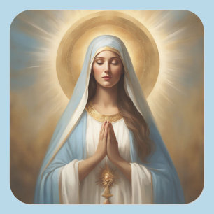 Sticker Carré Vierge Marie Pouvoir de prière Or Halo Bleu Robe