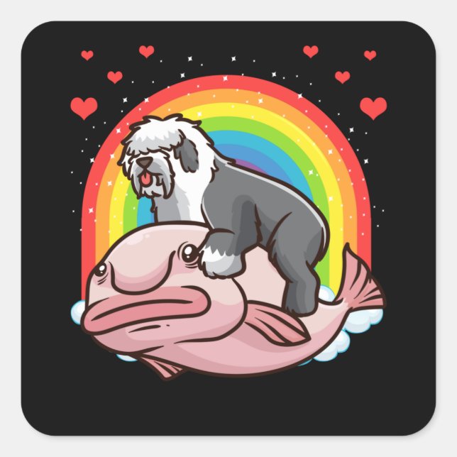 Sticker Carré Vieux anglais Sheepdog Bobtail Chien avec Blobfish (Devant)