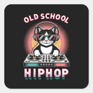 Sticker Carré Vieux Chat DJ Cool Scolaire
