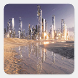 Sticker Carré Ville de science-fiction futuriste reflétée dans l