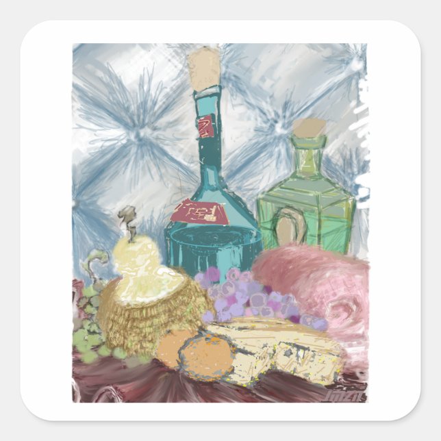 Sticker Carré Vin et fromage Charcuterie Art original (Devant)