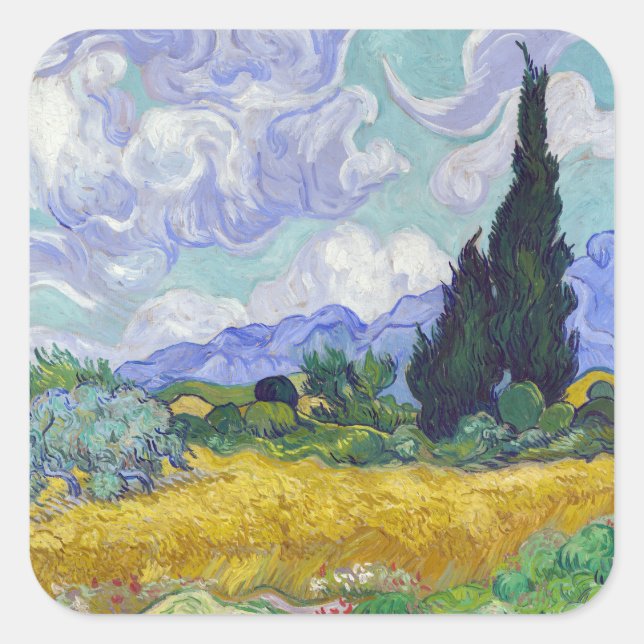 Sticker Carré Vincent Van Gogh - Champ de blé avec cyprès (Devant)