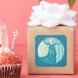 Sticker Carré Vintage Aqua Turquoise Buck Deer Birger Tree Snowf