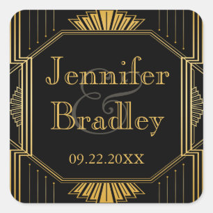 Sticker Carré Vintage Art Déco Black Gold Wedding Favoriser