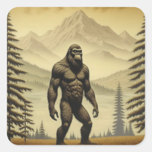 Sticker Carré Vintage Bigfoot dans les montagnes et les pins