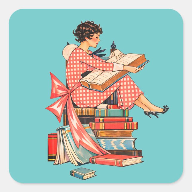 Sticker Carré Vintage Book Lover Reading Illustration (Devant)