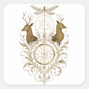 Sticker Carré Vintage Cerf et Libellule Dorés Esthétique Intégra