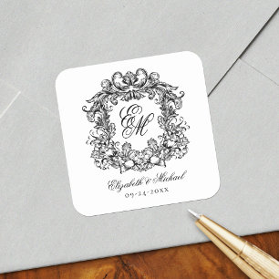 Sticker Carré Vintage Élégant Mariage Monogram Crest