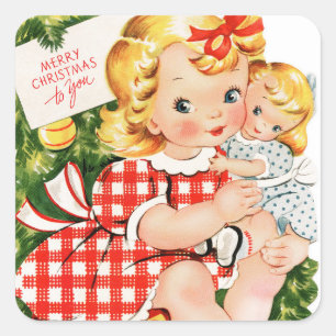 Sticker Carré Vintage fille de 1950 avec poupée