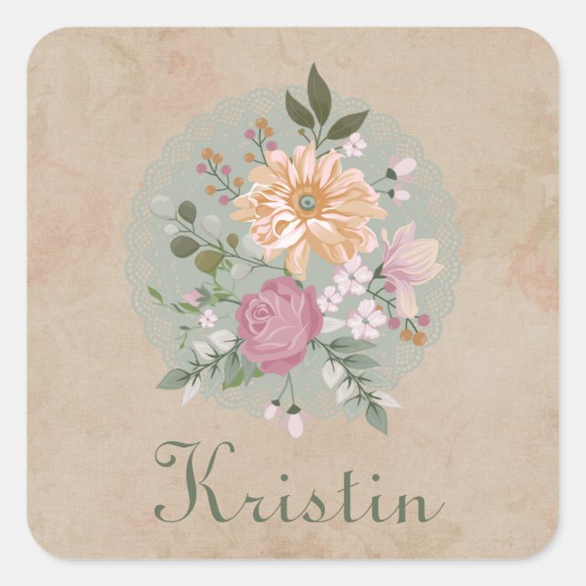 Sticker Carré Vintage Floral Vert rose blanc Nom (Devant)