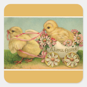 Sticker Carré Vintage Fluffy Chicks Or Pâques