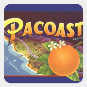 Sticker Carré Vintage Fruit Crate Art Étiquette, Oranges Pacoast