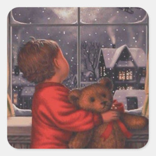 Sticker Carré vintage garçon observant le Père Noël voler au-des