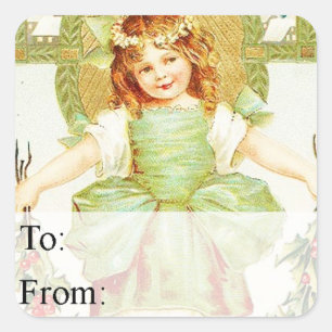 Sticker Carré Vintage Girl With Holly Gift Tag