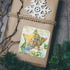 Sticker Carré Vintage Joyeux Noël Holly Red Berries Festive