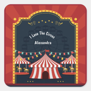 Sticker Carré Vintage Love Cirque Carnaval Rouge Blanc Bleu