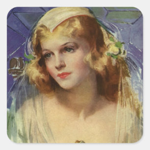 Sticker Carré Vintage mariée tenant une Bible, Mariage religieux