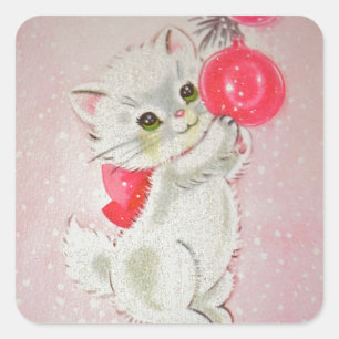 Sticker Carré Vintage Noël Blanc Kitty