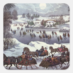 Sticker Carré Vintage Noël, Central Park en hiver