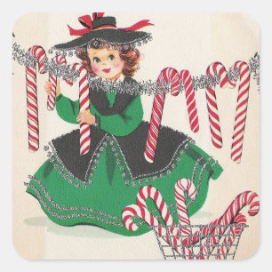 Sticker Carré Vintage Noël Dame Sucres de canne pendants
