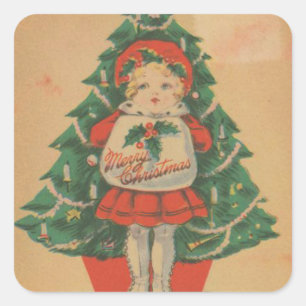 Sticker Carré Vintage Noël Enfant devant l'arbre