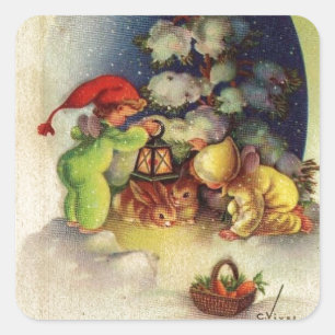 Sticker Carré Vintage Noël Enfants nourriciers lapins