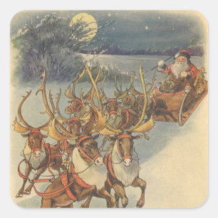 Sticker Carré Vintage Noël Père Noël Sleigh avec Reindeer