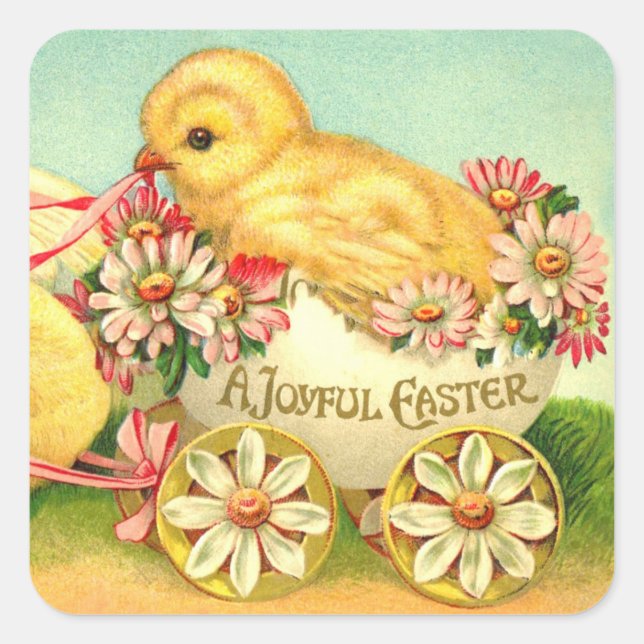 Sticker Carré Vintage Oeuf de Pâques Porte-poussins Fleurs flora (Devant)
