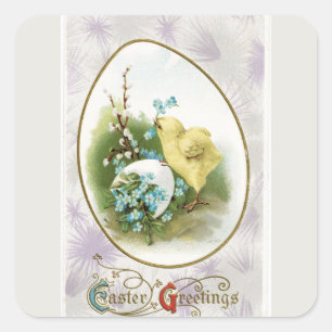 Sticker Carré Vintage Petit poussin et oeuf Pâques