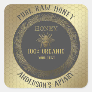 Sticker Carré Vintage pot de miel de peigne d'abeille en or rust