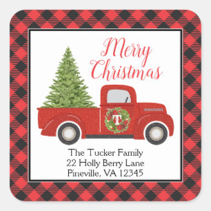 Sticker Carré Vintage Red Christmas Truck Buffalo Adresse Plaid