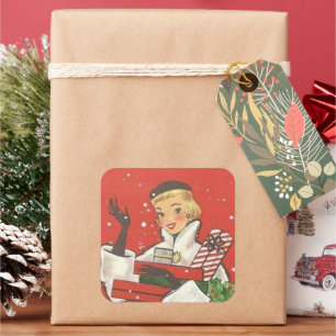 Sticker Carré vintage retro de Noël dame de Noël