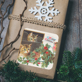 Sticker Carré Vintage Retro Joyeux Noël Cute Chats Oiseau Holly