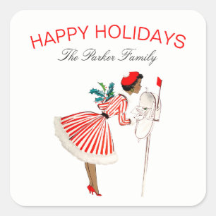 Sticker Carré Vintage Retro Noël Lady Rouge Blanc