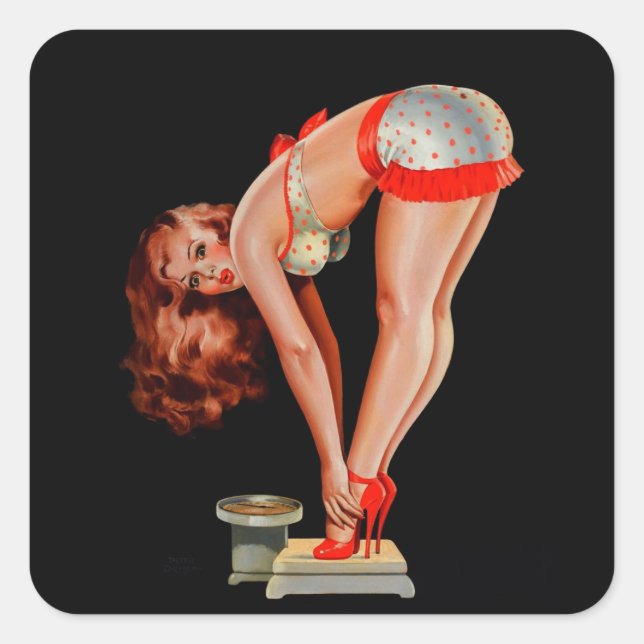Sticker Carré Vintage Retro Peter Driben Pinup Girl on Scale (Devant)
