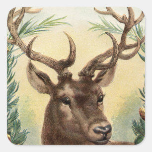Sticker Carré Vintage Retro Reindeer Deer Christmas