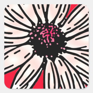 Sticker Carré Vintage rose grande fleur marguerite sur rouge pou