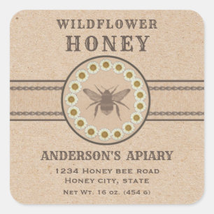 Sticker Carré Vintage rustique Kraft floral bee miel pot étiquet