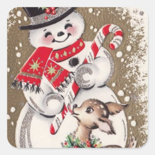 Sticker Carré Vintage Snowman With Baby Deer