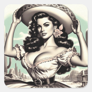Sticker Carré Vintage Sombrero Pin-up