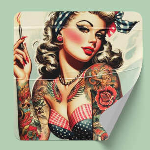 Sticker Carré Vintage Tattoo Old School Pin-up