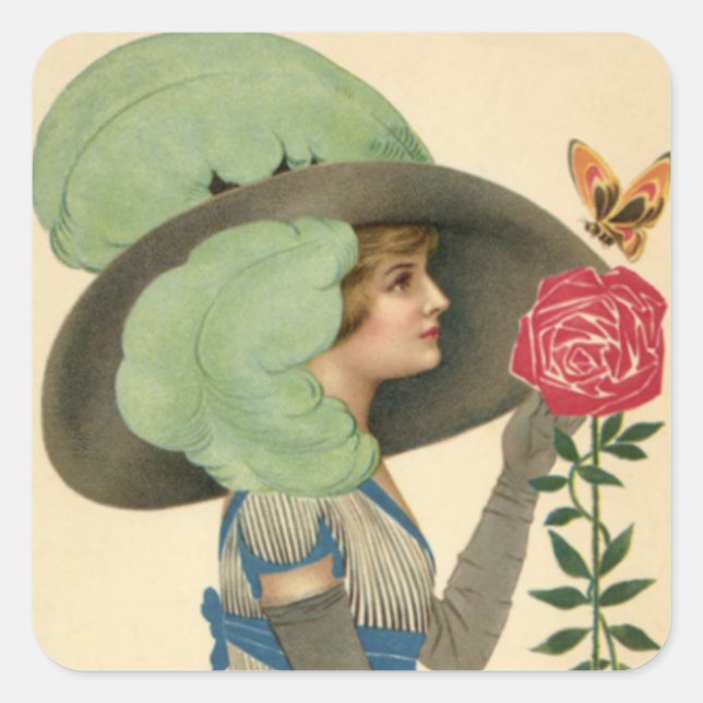 Sticker Carré Vintage Valentine's Day, Lady Red Rose Butterfly (Devant)
