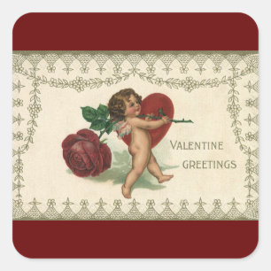 Sticker Carré Vintage Victorian Valentine Cherub, Rose et coeur