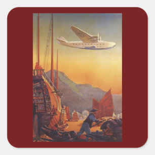 Sticker Carré Vintage voyage, planez au-dessus des jonques à Hon