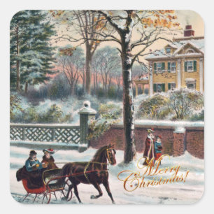 Sticker Carré Vintage Winter Street Joyeux Noël