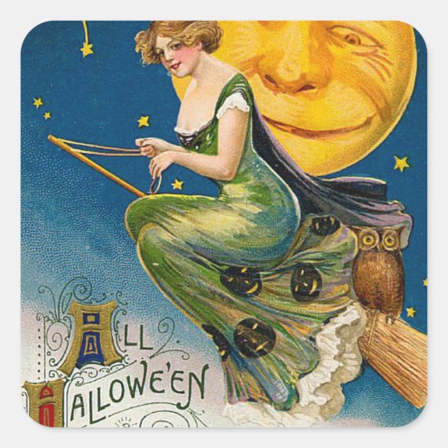Sticker Carré Vintahe Halloween sorcière Lune Vacances autocolla (Devant)