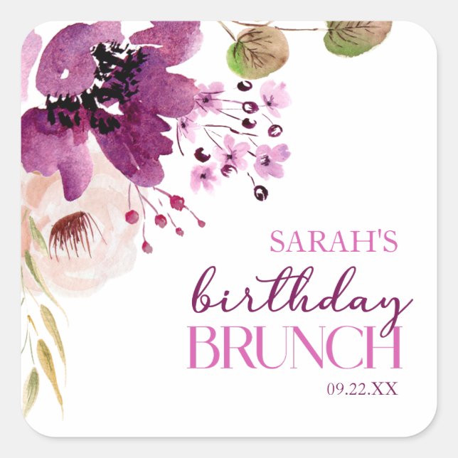 Sticker Carré Violet Magenta Purple Floral Anniversaire Brunch (Devant)