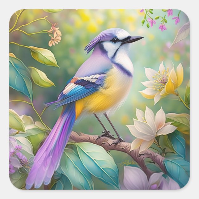 Sticker Carré Violet Tufted Jay Imaginaire Bird (Devant)
