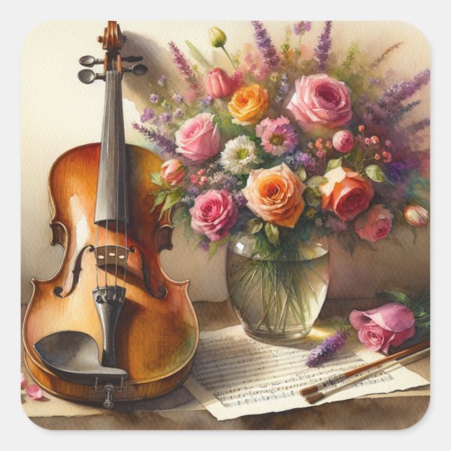 Sticker Carré Violon, Partition et un Vase de Fleurs (Devant)