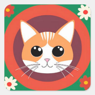 Sticker Carré Visage de Chat Mignon Illustration Vibrante